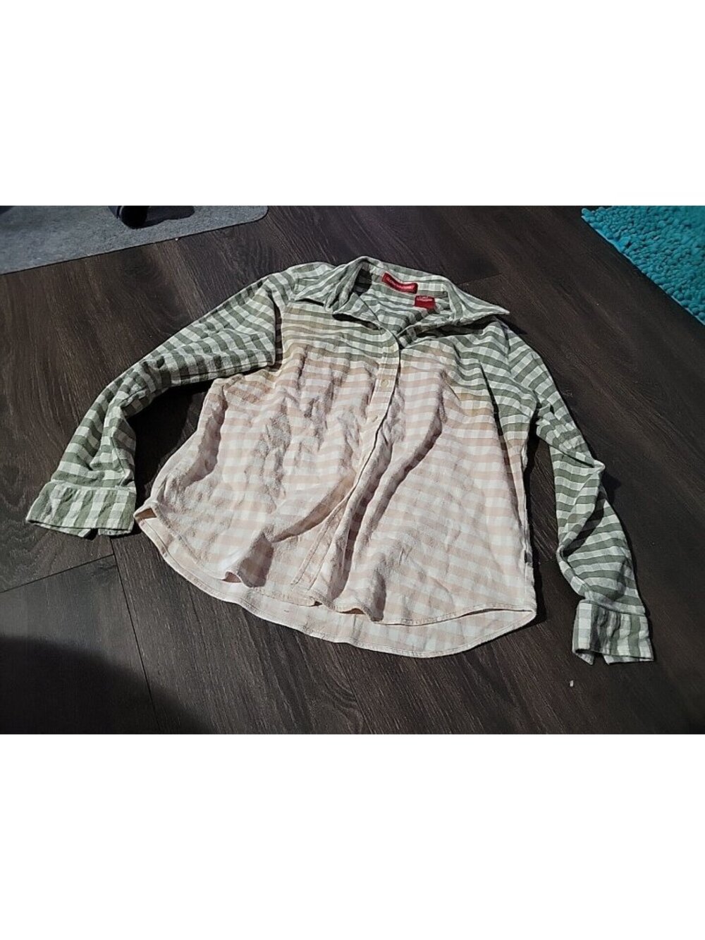 Gloria Vanderbilt XL Button Green White Plaid Acid Wash Cotton Flannel Shirt